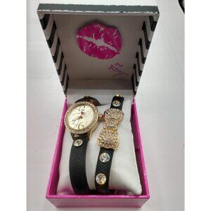Betsey Johnson Womens Gold-Tone Watch With Black Leather Strap & Crystal Bow